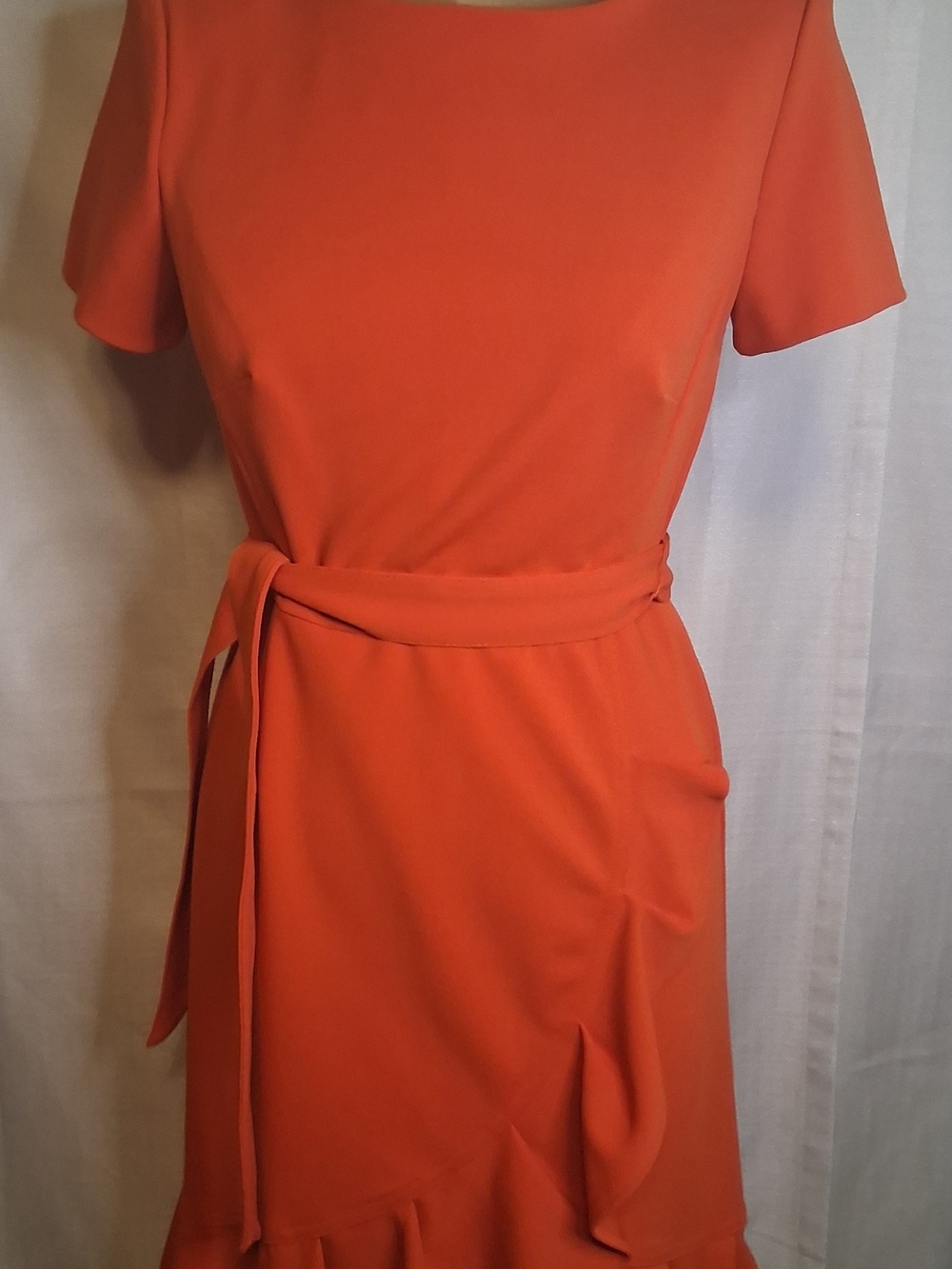 Calvin Klein Orange Short Sleeve Ruffle Tulip Hem Belted Dress